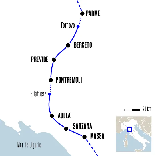 Carte du voyage De Parme à Massa - Via Francigena