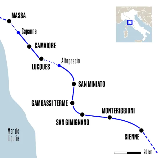 Carte du voyage De Massa à Sienne - Via Francigena