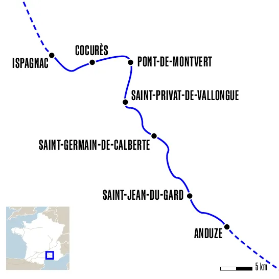 Carte du voyage D'Ispagnac à Anduze - Urbain V
