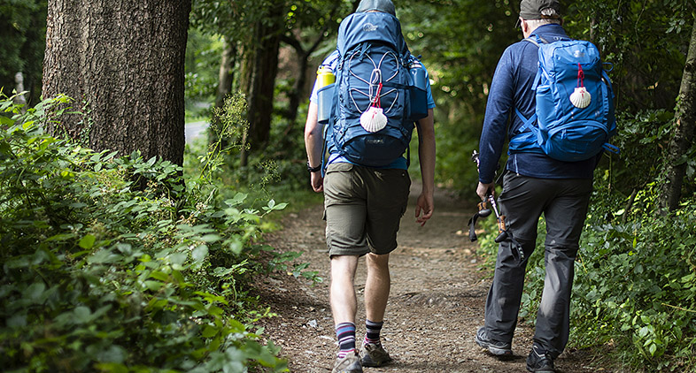 Pèlerins marchant sur le chemin de Compostelle en France