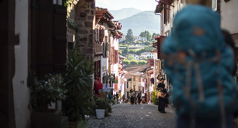 Marcheur sur le chemin de Compostelle dans les Pyrénées 