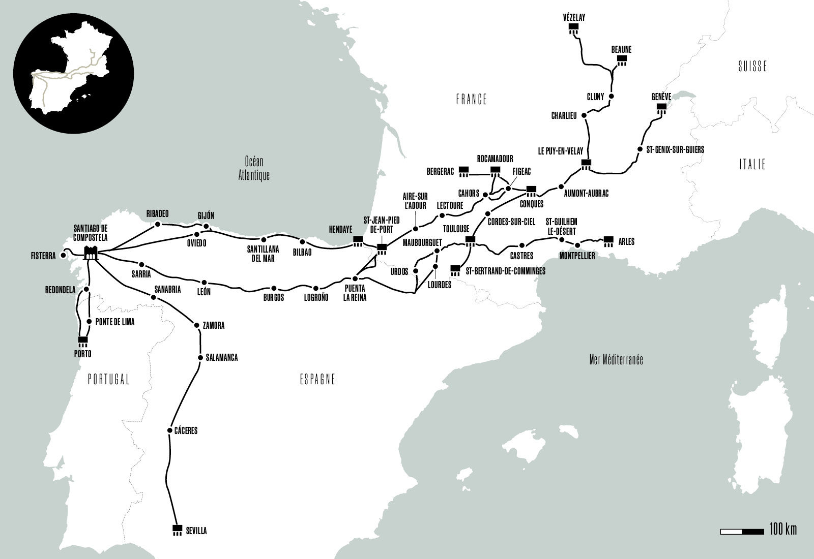 Carte détaillée des chemins de Compostelle - © Via Compostela Carte des chemins de Compostelle