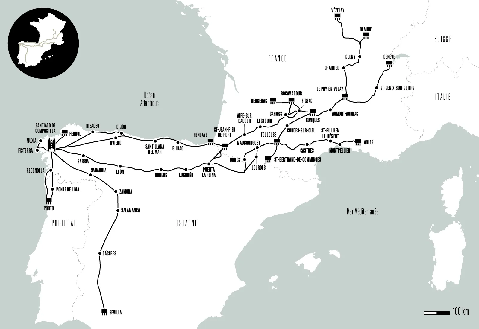 Carte détaillée des chemins de Compostelle - © Via Compostela Carte des chemins de Compostelle