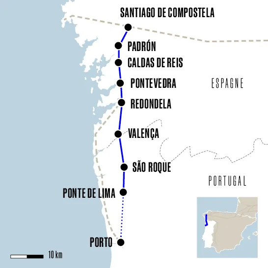 Carte du voyage De Ponte de Lima à Santiago - Caminho Português