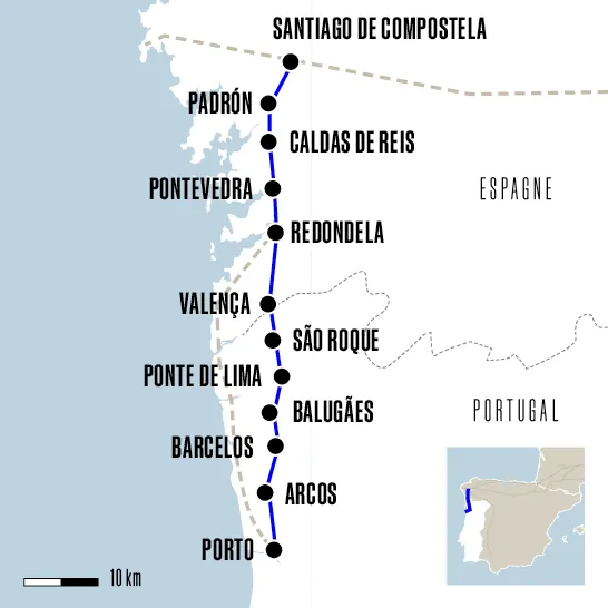 Carte du voyage De Porto à Santiago - Caminho Português
