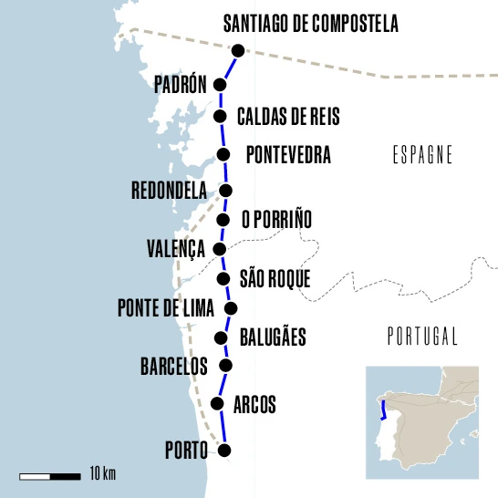 Carte du voyage De Porto à Santiago - Caminho Central - Caminho Português
