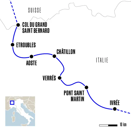 Carte du voyage D'Étroubles à Ivrée - Via Francigena