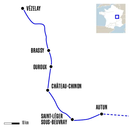 Carte du voyage De Vézelay à Autun - Vézelay et Cluny