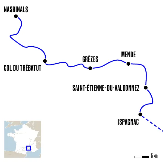 Carte du voyage De Nasbinal à Ispagnac - Urbain V