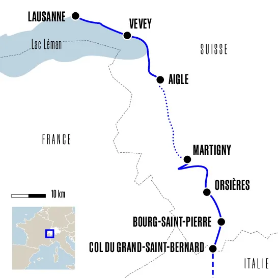 Carte du voyage De Lausanne au col Grand-Saint-Bernard - Via Francigena