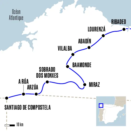Carte du voyage De Ribadeo à Santiago de Compostelle - Camino Del Norte