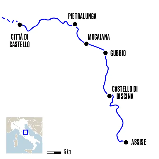 Carte du voyage De Città di Castello à Assise - Saint François d'Assise