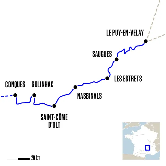 Carte du voyage Le Puy-en-Velay à Conques en trail - Voie du Puy-en-Velay