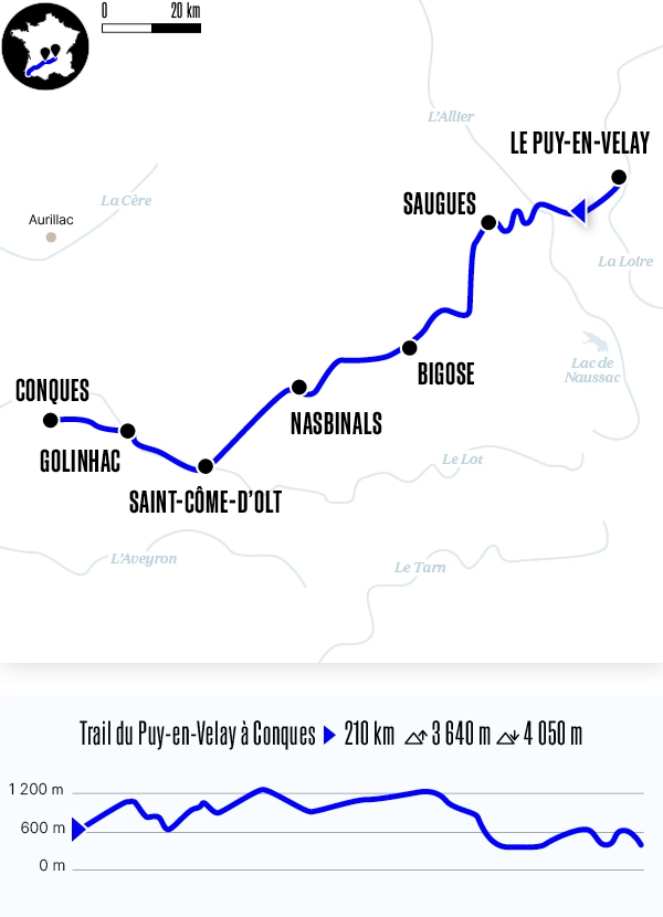 Carte du voyage Le Puy-en-Velay à Conques en trail - Voie du Puy-en-Velay