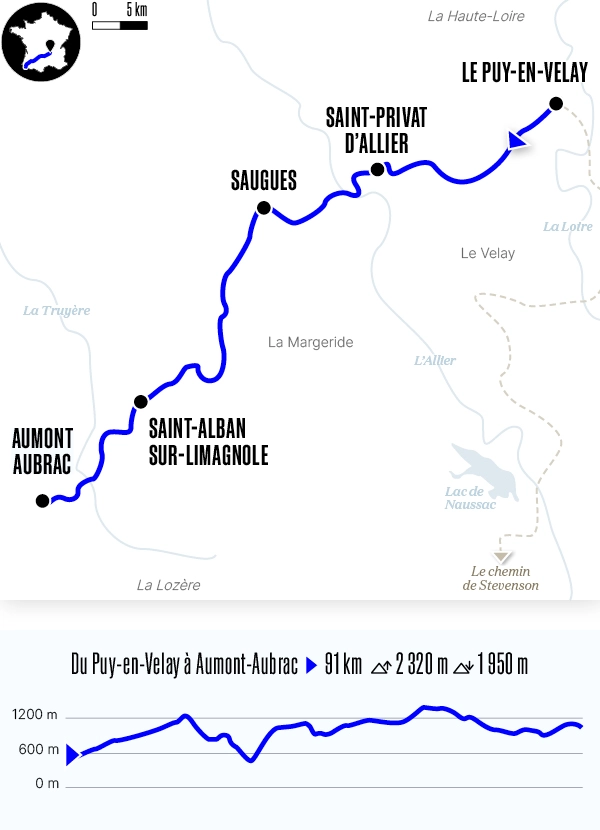 Carte du voyage Du Puy-en-Velay à Aumont-Aubrac en 5 jours - Voie du Puy-en-Velay