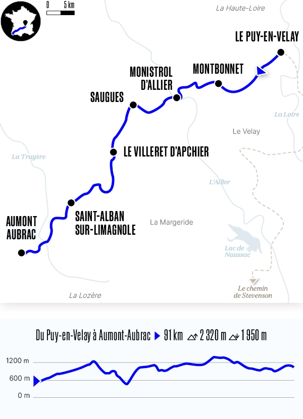 Carte du voyage Du Puy-en-Velay à Aumont-Aubrac en 7 jours - Voie du Puy-en-Velay