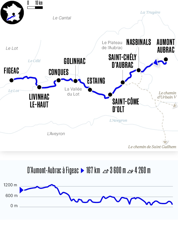 Carte du voyage D'Aumont-Aubrac à Figeac - Voie du Puy-en-Velay