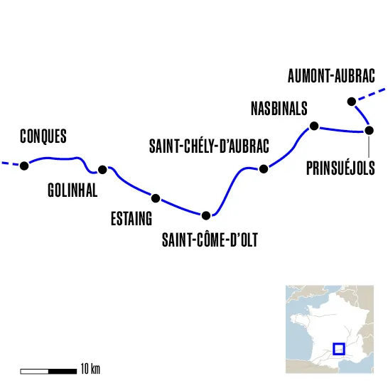 Carte du voyage D'Aumont-Aubrac à Conques - Voie du Puy-en-Velay
