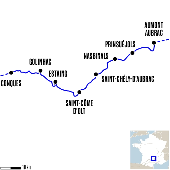 Carte du voyage D'Aumont-Aubrac à Conques - Voie du Puy-en-Velay