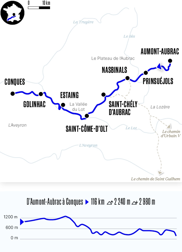 Carte du voyage D'Aumont-Aubrac à Conques - Voie du Puy-en-Velay