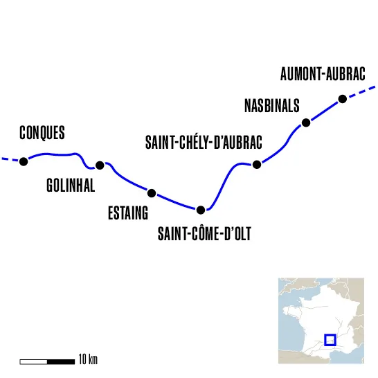 Carte du voyage D'Aumont-Aubrac à Conques - Voie du Puy-en-Velay