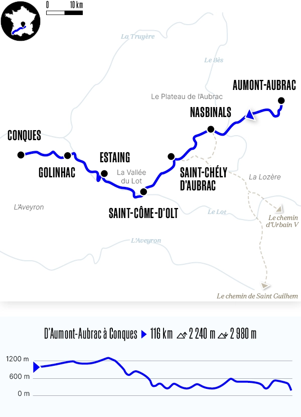 Carte du voyage D'Aumont-Aubrac à Conques - Voie du Puy-en-Velay