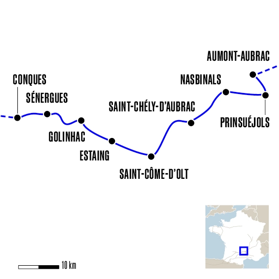 Carte du voyage D'Aumont-Aubrac à Conques - Voie du Puy-en-Velay