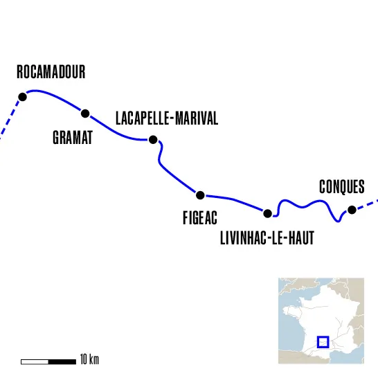 Carte du voyage De Conques à Rocamadour - Voie du Puy-en-Velay