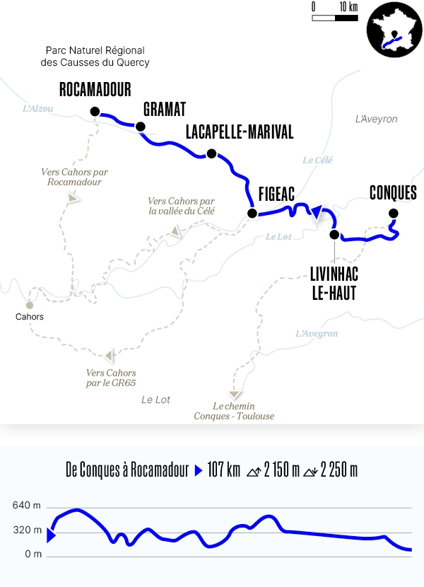 Carte du voyage De Conques à Rocamadour - Voie du Puy-en-Velay