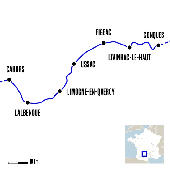 Carte du voyage De Conques à Cahors - Voie du Puy-en-Velay