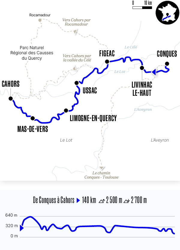 Carte du voyage De Conques à Cahors - Voie du Puy-en-Velay
