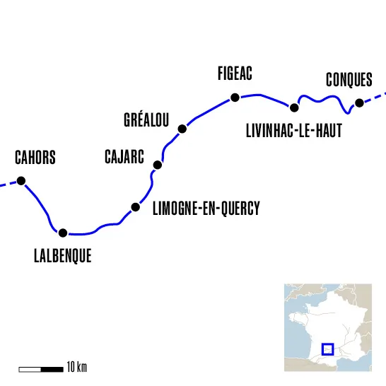 Carte du voyage De Conques à Cahors - Voie du Puy-en-Velay