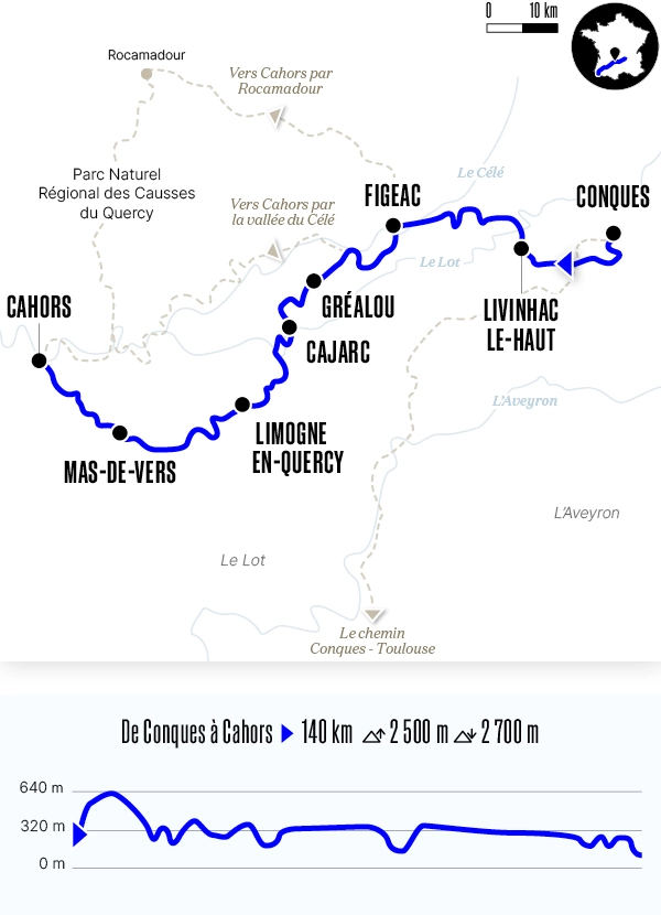 Carte du voyage De Conques à Cahors - Voie du Puy-en-Velay