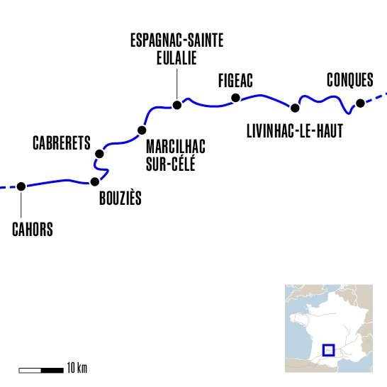 Carte du voyage De Conques à Cahors par la vallée du Célé - Voie du Puy-en-Velay