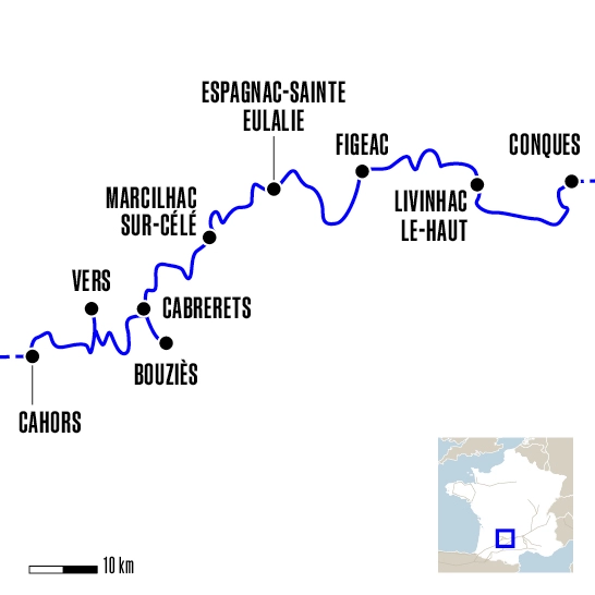 Carte du voyage De Conques à Cahors par la vallée du Célé - Voie du Puy-en-Velay