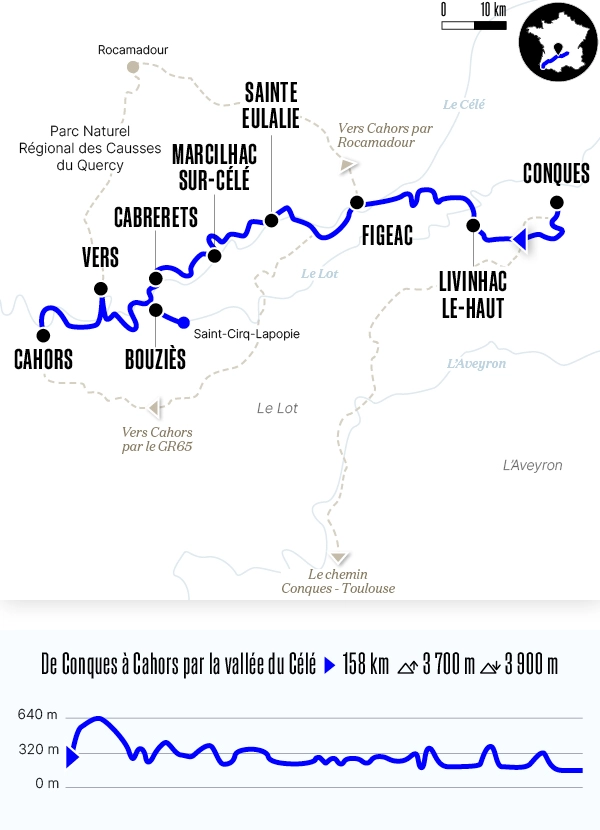 Carte du voyage De Conques à Cahors par la vallée du Célé - Voie du Puy-en-Velay