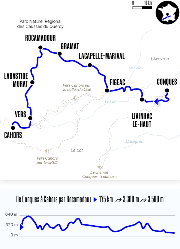 Carte du voyage De Conques à Cahors par Rocamadour - Voie du Puy-en-Velay