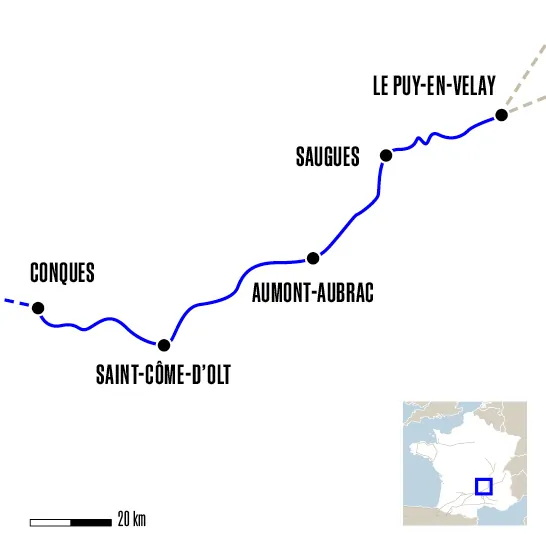 Carte du voyage Du Puy-en-Velay à Conques à vélo assistance électrique - Voie du Puy-en-Velay