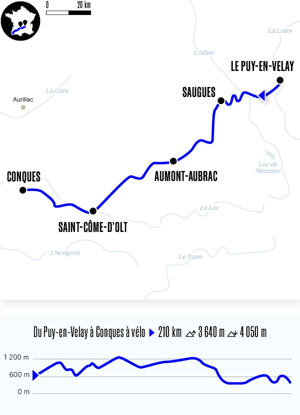 Carte du voyage Du Puy-en-Velay à Conques à vélo assistance électrique - Voie du Puy-en-Velay