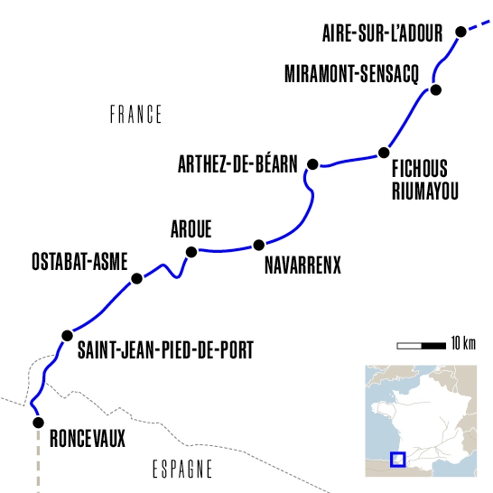 Carte du voyage D'Aire-sur-l'Adour à Roncevaux - Voie du Puy-en-Velay