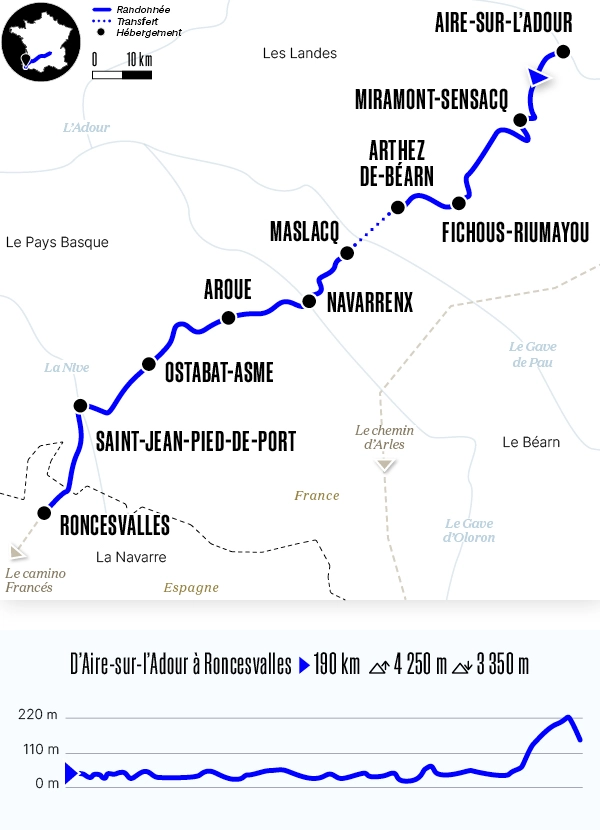 Carte du voyage D'Aire-sur-l'Adour à Roncevaux - Voie du Puy-en-Velay