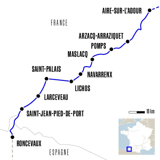 carte Aire sur Adour à Roncevaux compostelle