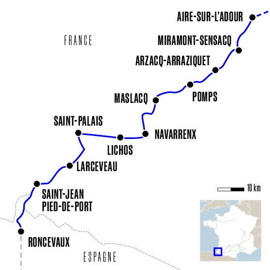 Carte du voyage D'Aire-sur-l'Adour à Roncevaux - Voie du Puy-en-Velay