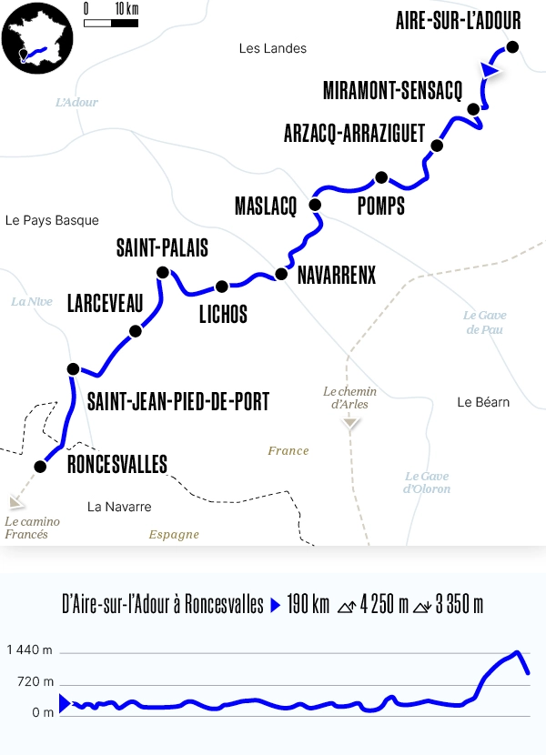 Carte du voyage D'Aire-sur-l'Adour à Roncevaux - Voie du Puy-en-Velay