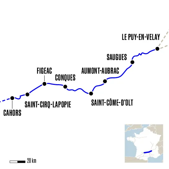 Carte du voyage Du Puy-en-Velay à Cahors à vélo - Voie du Puy-en-Velay