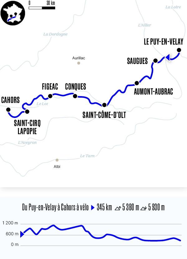 Carte du voyage Du Puy-en-Velay à Cahors à vélo - Voie du Puy-en-Velay