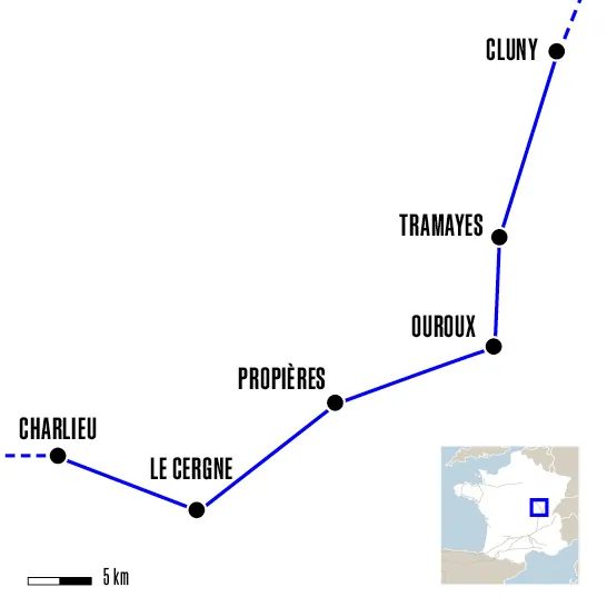 Carte du voyage De Cluny à Charlieu - Vézelay et Cluny