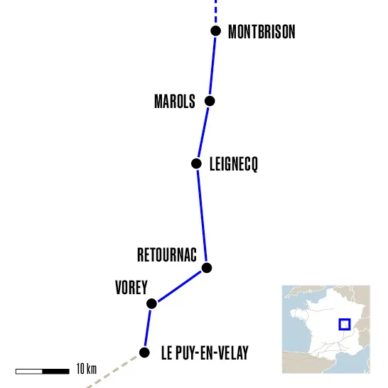 Carte du voyage De Montbrison au Puy-en-Velay - Vézelay et Cluny