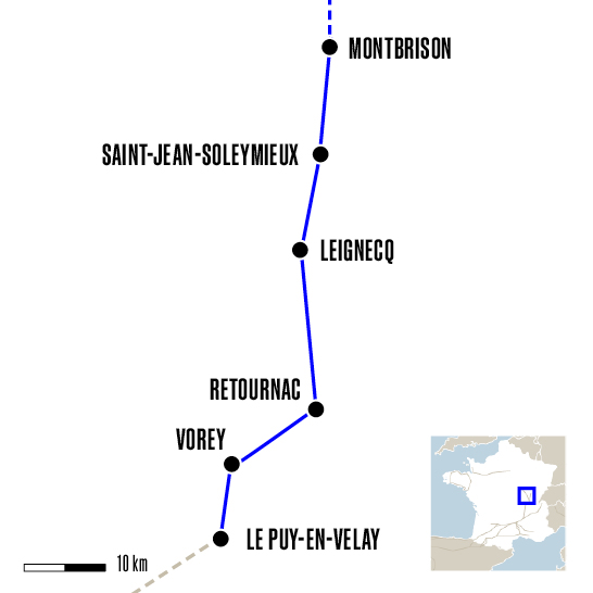 Carte du voyage De Montbrison au Puy-en-Velay - Vézelay et Cluny