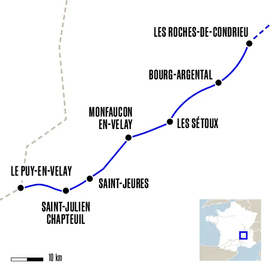 Carte du voyage De St-Clair-du-Rhône au Puy-en-Velay - Chemin de Genève
